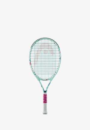 Tennisracket met een mintgroen frame, witte grip en een roze handvataccent. Heeft een geënthousiasmeerd patroon met bloemmotieven op het frame.