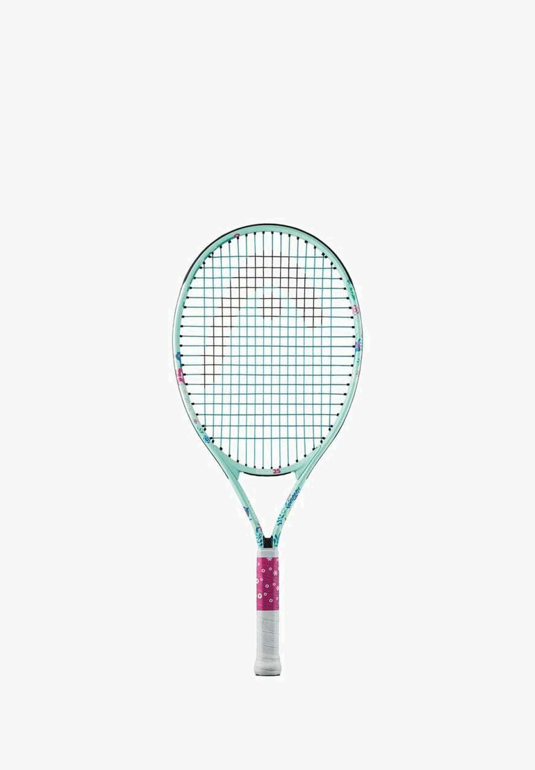 Tennis racket with a mint green frame, white grip, and pink handle accent. Features a stringed pattern with floral designs on the frame.