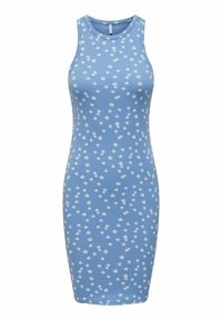 Robe sans manches ajustée bleue avec un petit motif floral blanc et un col rond.