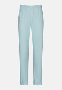 Lichtblauwe, zachte joggers van stof met een elastische tailleband en omgeslagen enkels. Rechte pijpen, lichtgewicht en comfortabele textuur.
