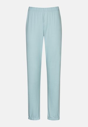 Lichtblauwe, zachte joggers van stof met een elastische tailleband en omgeslagen enkels. Rechte pijpen, lichtgewicht en comfortabele textuur.