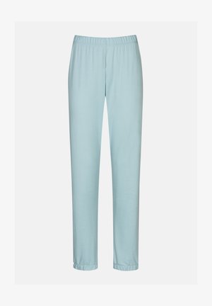Lichtblauwe, zachte joggers van stof met een elastische tailleband en omgeslagen enkels. Rechte pijpen, lichtgewicht en comfortabele textuur.
