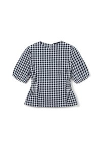 Blusa in gingham blu navy e bianco con maniche a palloncino corte, scollo rotondo e lati arricciati per un look aderente. Chiusura con zip sul retro.