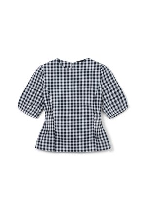 Chemisier vichy bleu marine et blanc avec des manches courtes bouffantes, un col rond et des côtés froncés pour un look ajusté. Fermeture à glissière au dos.