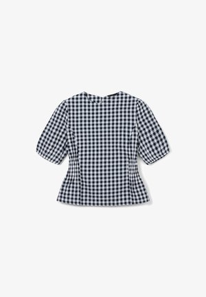 Blusa in gingham blu navy e bianco con maniche a palloncino corte, scollo rotondo e lati arricciati per un look aderente. Chiusura con zip sul retro.