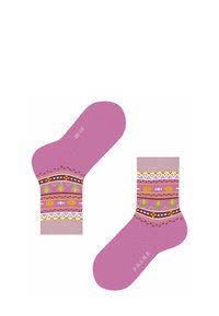 Rosa Socken mit gemusterten Akzenten in Gelb, Grün und Braun, mit dekorativen Rändern und dem Markennamen "FALKE" in Weiß aufgedruckt.