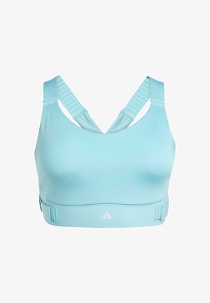 Hellblaue Sport-BH mit breiten Trägern, kreuzendem Design, glatter Textur, verstellbaren seitlichen Verschlüssen und kleinem weißen Logo auf der Vorderseite.