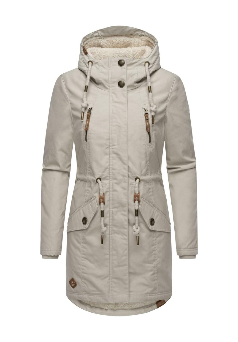 Beige parka jacket with a fleece-lined hood, two front pockets, drawstring waist, and metal and rope accents. Smooth texture, knee-length design.