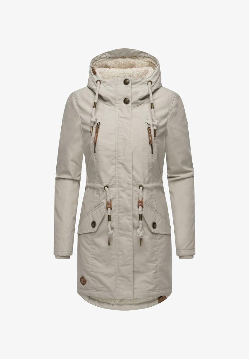 Beige parka jacket with a fleece-lined hood, two front pockets, drawstring waist, and metal and rope accents. Smooth texture, knee-length design.