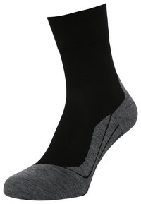 Calcetín de tobillo negro y gris con una textura suave, puño acanalado, y un talón gris oscuro contrastante con un diseño estampado.