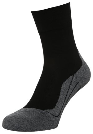 Black and gray ankle sock featuring a smooth texture, ribbed cuff, and a contrasting dark gray heel with a patterned design.