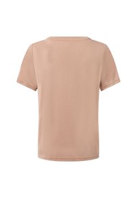 T-shirt beige clair à manches courtes présenté de dos sur un fond blanc.