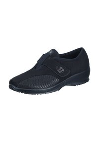 Black athletic shoe with a suede and mesh upper, elastic strap closure, and textured sole. Features ventilated sections and subtle accents.