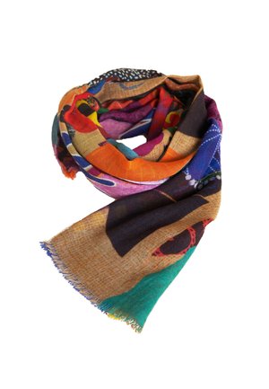 Mehrfarbiger Schal mit abstrakten Mustern in Orange, Lila, Blau, Grün und Beige, aus einem weichen, strukturierten Stoff mit fransigen Kanten.