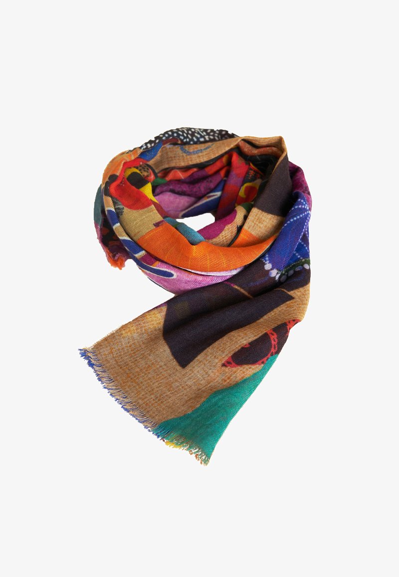 Mehrfarbiger Schal mit abstrakten Mustern in Orange, Lila, Blau, Grün und Beige, aus einem weichen, strukturierten Stoff mit fransigen Kanten.