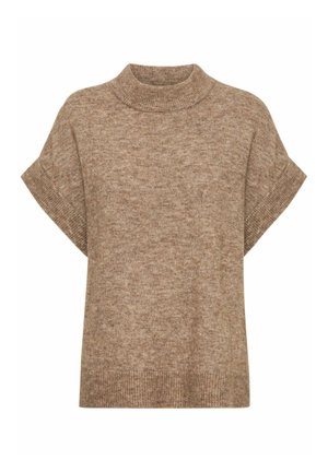 Suéter marrón de punto con cuello alto, mangas cortas y corte amplio. Textura suave con un sutil patrón jaspeado.