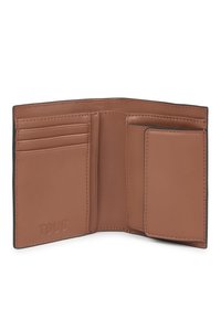 Brown leather wallet with multiple card slots and a side pocket. Smooth texture, minimal design, embossed brand name on the front.