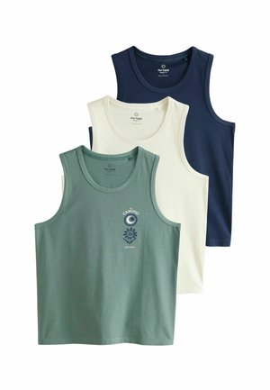 Set di tre canottiere in verde, crema e blu navy. Tessuto di cotone morbido con scollature arrotondate. La canottiera verde presenta una grafica floreale.