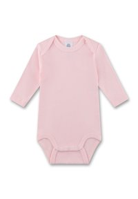 Langärmliger Baby-Strampler aus weicher rosa Baumwolle mit rundem Ausschnitt und Druckknöpfen am unteren Saum für einfaches An- und Ausziehen.