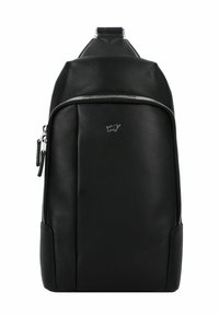 Mochila de piel negra con una textura suave, con un zipper central, bolsillos laterales y un pequeño detalle de logo en la parte frontal.