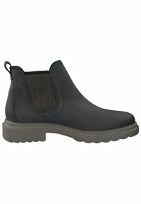 Botas de cuero negras hasta el tobillo con un panel de fieltro gris, inserciones laterales elásticas y una suela de goma texturizada. Lengüeta en la parte posterior para facilitar su uso.
