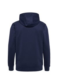 Donkerblauwe hoodie van een katoenmix, met een trekkoordkap, lange mouwen en ribgebreide boorden en onderrand. Glad textuur.