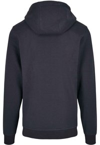 Mørkegrå hættetrøje med foret hætte, ribbede manchetter og kant, med en glat tekstur og et enkelt, minimalistisk design.