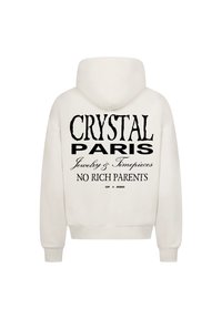 Witte hoodie met een grote zwarte grafische tekst op de achterkant die luidt: "CRYSTAL PARIS Jewelry & Timepieces NO RICH PARENTS."