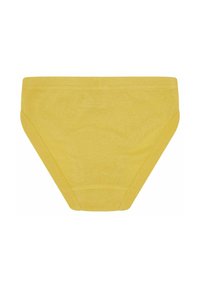 Mutande in cotone giallo con una texture liscia, cintura elastica e forma sagomata. Presenta cuciture cucite e senza motivi o decorazioni.