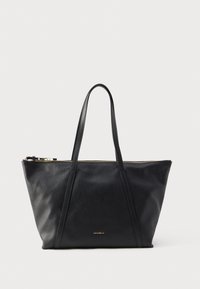 Borsa tote in pelle nera con finitura strutturata, cerniera dorata sulla parte superiore e due manici robusti. Presenta un logo discreto sul davanti.