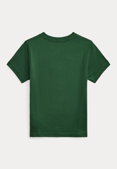 Zelené bavlněné tričko s krátkými rukávy a kulatým výstřihem. Hladká textura, jednoduchý design bez viditelných vzorů nebo grafiky.