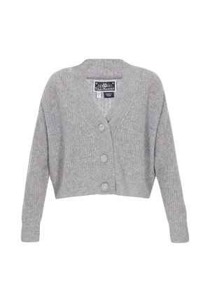 Cardigan scurt gri cu o textură ribbed, având un decolteu adânc în V și trei capse mari în față.