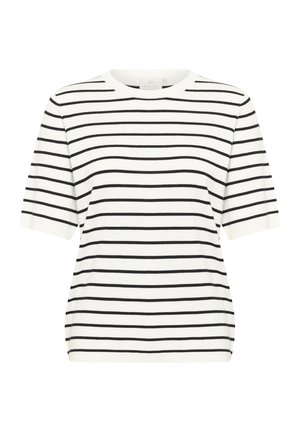 Haut à manches courtes rayé en blanc avec des rayures horizontales noires. Doté d'un col rond, il est fabriqué à partir d'un tissu doux et texturé.