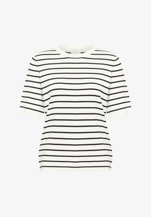 Gestreepte t-shirt met korte mouwen in het wit met zwarte horizontale strepen. Heeft een ronde hals en is gemaakt van een zachte, gestructureerde stof.