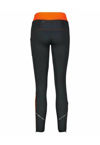 Schwarze Leggings mit einem orangen Gummibund und reflektierenden Akzenten. Verfügt über eine Zip-Tasche auf der Rückseite und ein figurbetontes Design für eine schlanke Optik.