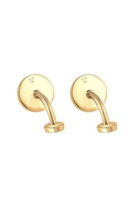 Ganci da parete in tono oro con piastre posteriori circolari e braccia lisce e arrotondate. Materiale contrassegnato con "925" che indica la qualità dell'argento sterlina.