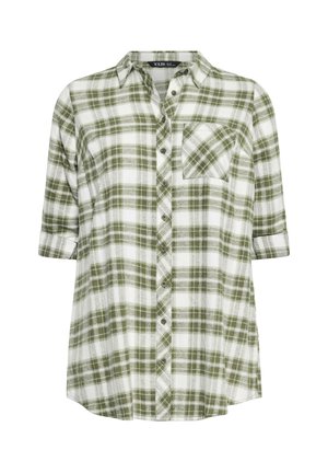Camisa a cuadros verde y blanca hecha de tela suave, con un cierre de botones en la parte delantera, mangas largas y un bolsillo en el pecho en el lado izquierdo.