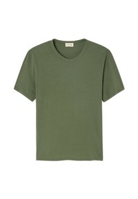 Olive green short-sleeve t-shirt made of soft cotton. Features a rounded neckline and a simple, classic design without patterns.