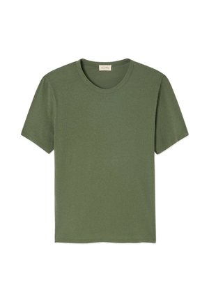 Olivgrünes T-Shirt mit kurzen Ärmeln aus weicher Baumwolle. Verfügt über einen runden Halsausschnitt und ein einfaches, klassisches Design ohne Muster.