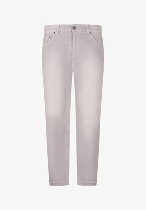 Lichtgrijze broek met rechte pijpen, knoop- en ritssluiting, voor- en achterzakken en subtiele opgerolde zomen.