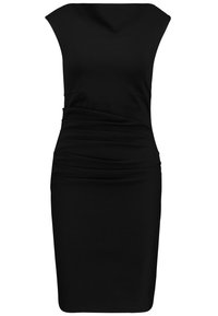 Svart cocktailklänning med figurnära silhuett, korta ärmar och draperad textur vid midjan, gjord av ett slätt tyg.