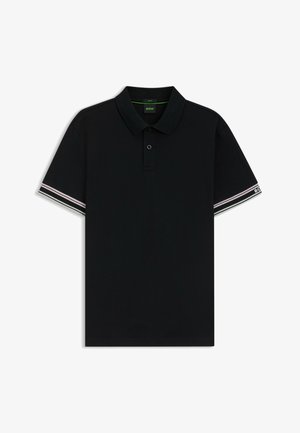 Polo negro hecho de una tela suave. Presenta un cuello, tapeta de tres botones y acentos a rayas en las mangas. Diseño simple y clásico.