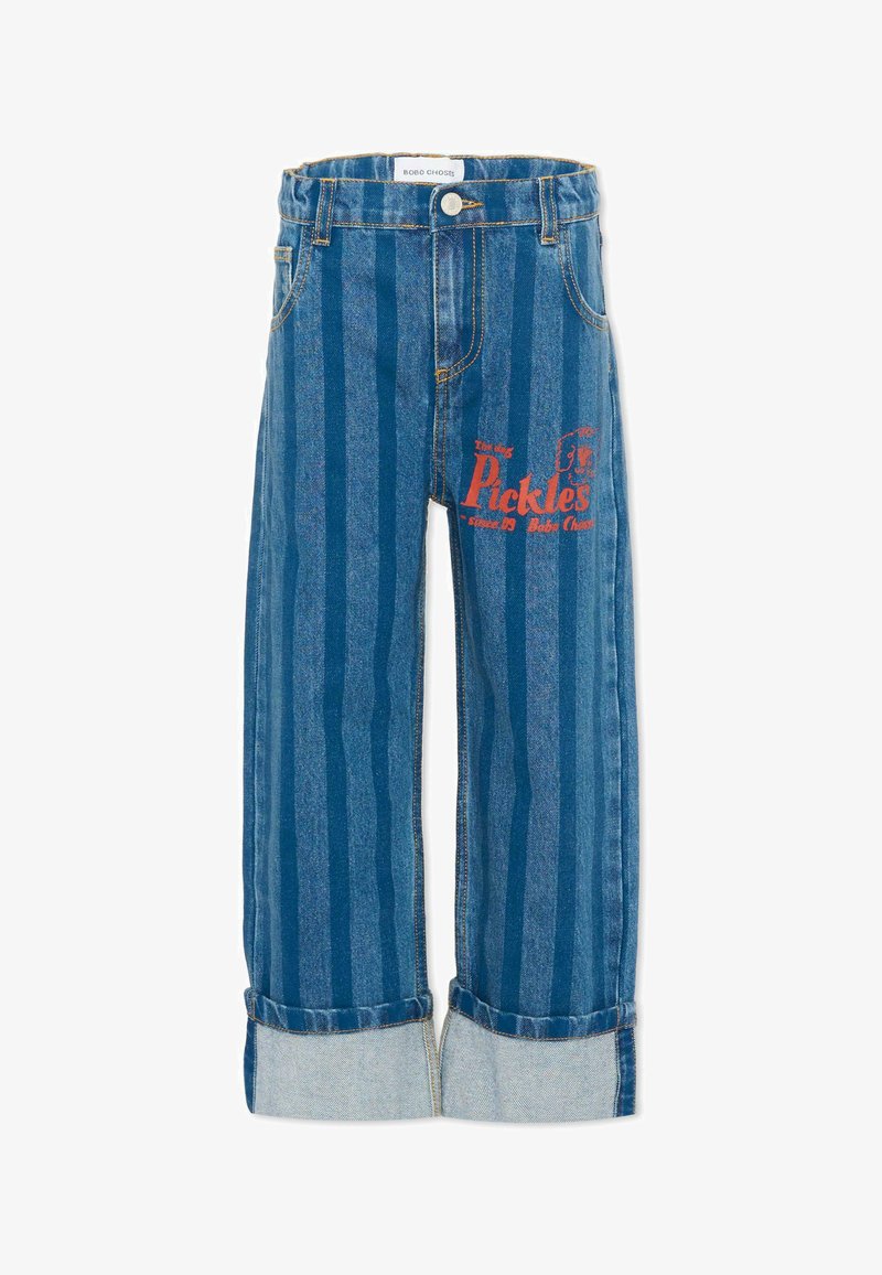 Jean en denim bleu rayé avec larges revers et texte rouge "Pickles" ainsi qu'un petit graphique sur la cuisse droite, bouton avant et poches visibles.