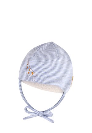 Blue and white striped baby hat with chin straps and an embroidered giraffe on the side, soft fleece lining inside.