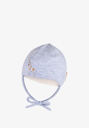 Blaue und weiße gestreifte Babymütze mit Kinnbändern und einem gestickten Giraffenmotiv an der Seite, mit weichem Fleece-Futter innen.