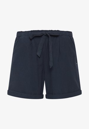 Navyblauwe shorts van zacht materiaal, met een elastische tailleband met strik, twee voorzakken en opgerolde mouwen.