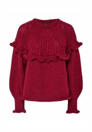 Pull en tricot bordeaux avec une texture côtelée, des détails froncés à la taille et aux manches, et un col rond. Tissu doux et épais.