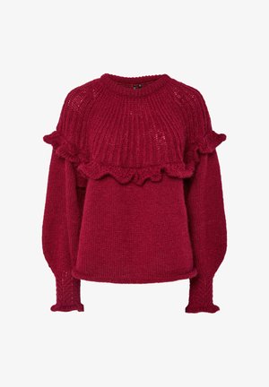 Burgundski pleteni pulover s rebrastom teksturom, volanima na struku i rukavima te okruglim izrezom. Mekana, debela tkanina.