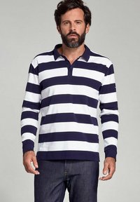 Marineblå og hvide stribede langærmede polo t-shirt med krave, to-knaps lukning og ribbede manchetter, lavet af bomuldsstof.