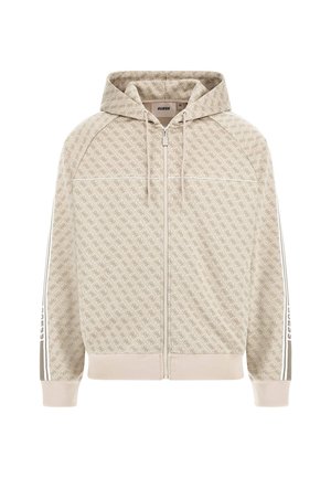 Felpa beige con zip, decorata con un motivo geometrico, cappuccio regolabile con coulisse e strisce bianche laterali. Presenta polsini e orlo a coste. Texture del tessuto morbida.